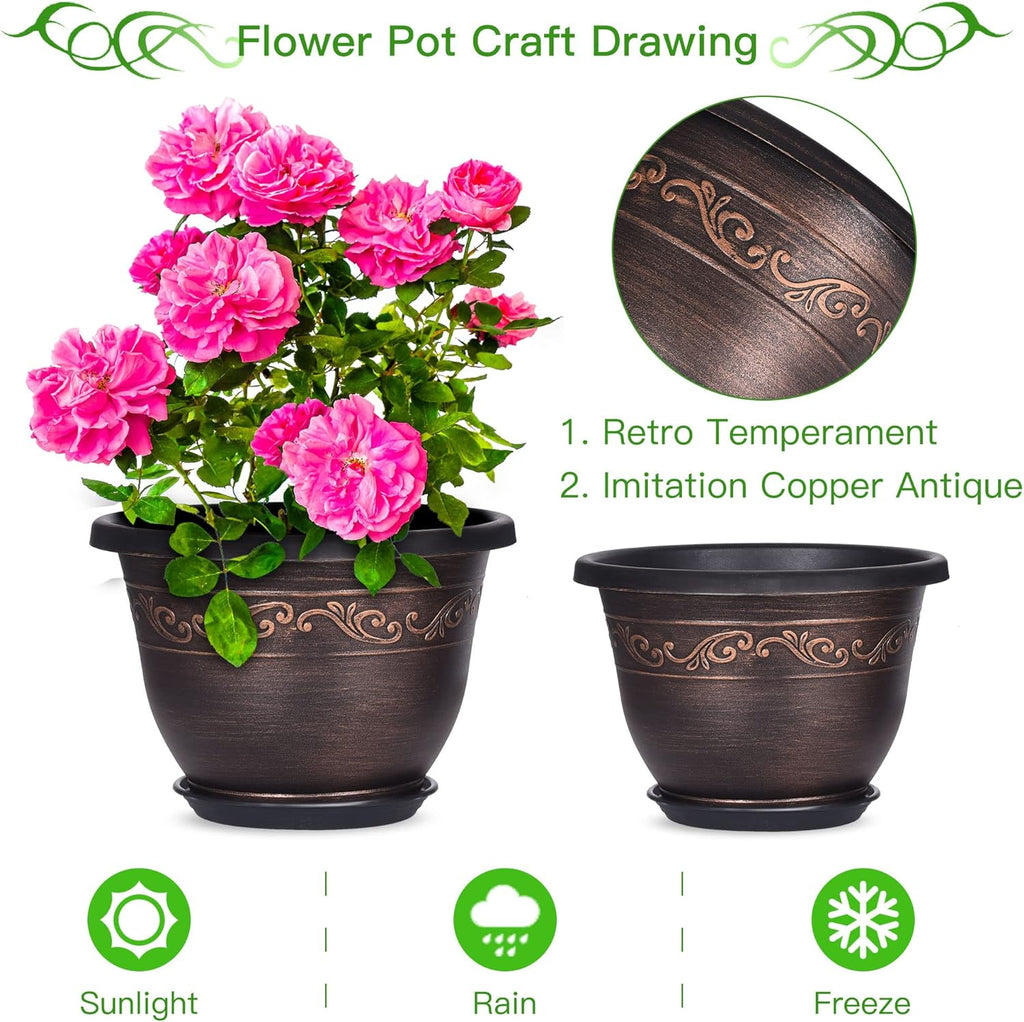 Plastic-Plant-Flower-Planters-12 Inch with Drainage Hole & Saucer, 3 Packs Lightweight Small Resin Flower Pot Indoor