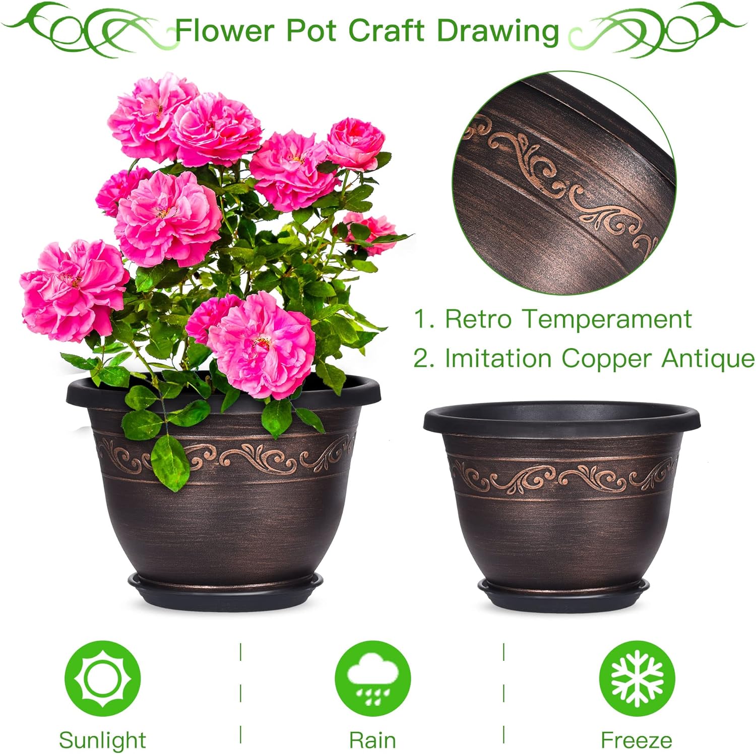 Plastic-Plant-Flower-Planters-12 Inch with Drainage Hole & Saucer, 3 Packs Lightweight Small Resin Flower Pot Indoor