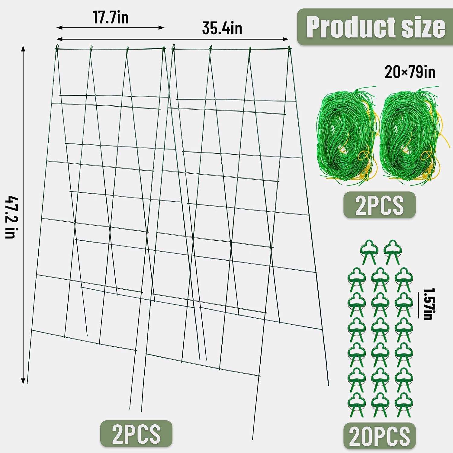 Pack 2 Heavy Metal Garden Trellis for Climbing Plants with Trellis Netting & Garden Clips, A-Frame Cucumber Trellis for