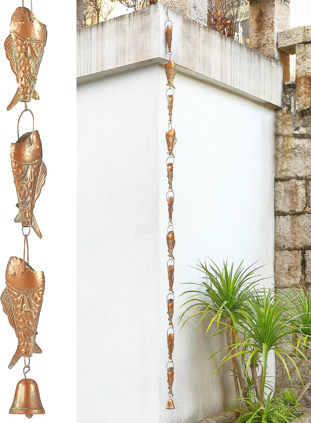 Copper Patina Rain Chain with Rainbow Trout for Heavy Rain, Functional and Decorative Replacement Downspout Chain for