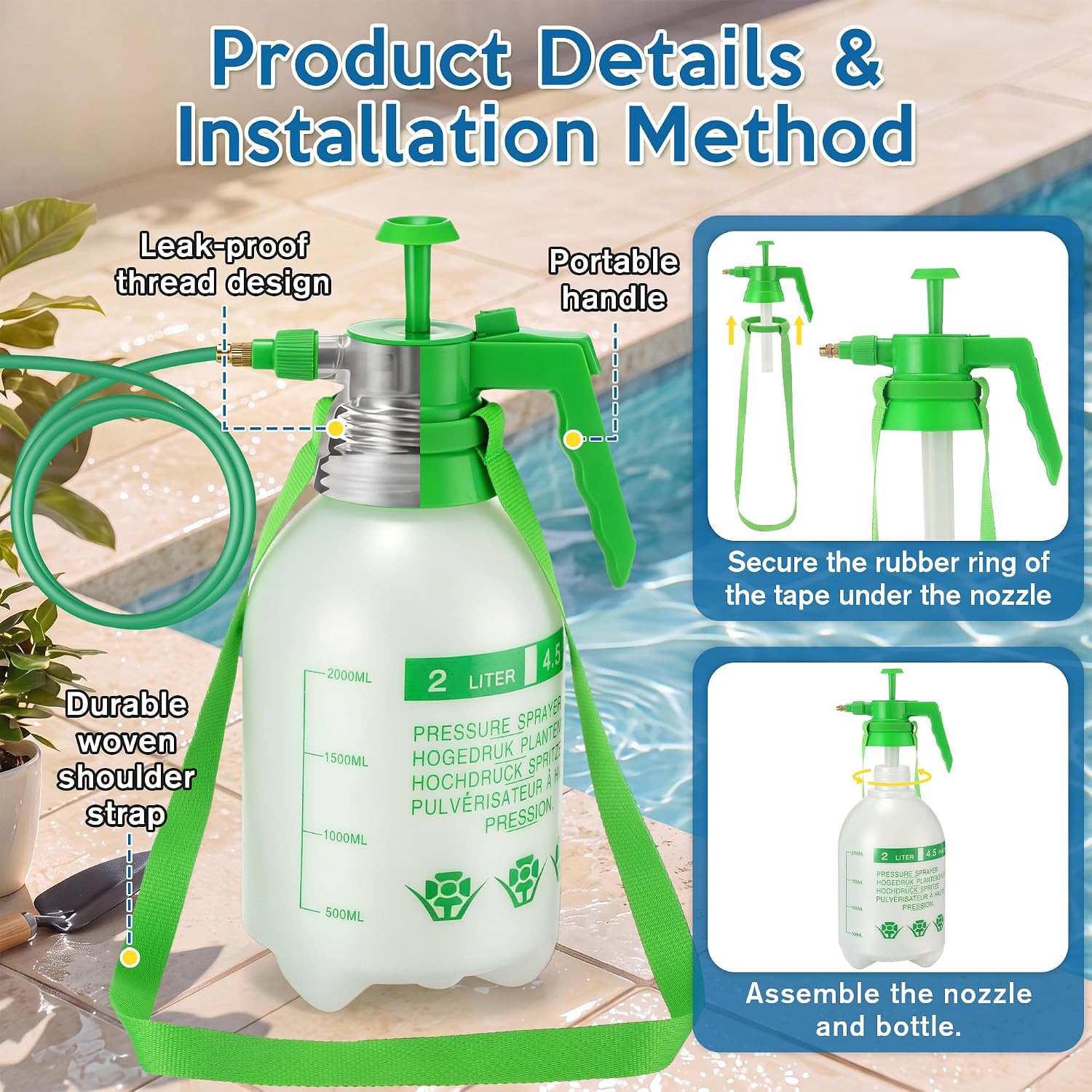 Personal Mister, 2 in 1 Water Spray Bottle with 3.3ft Mist Line, 2L,Green | Portable Cooling Mister With Shoulder