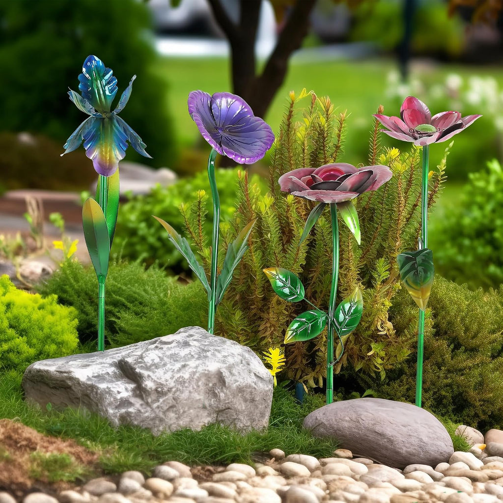 Metal Flower Garden Stake Cute Metal Flower Stick Art Ornament Decor Spring Floral Outdoor Flower Garden Stakes, 4 Pcs