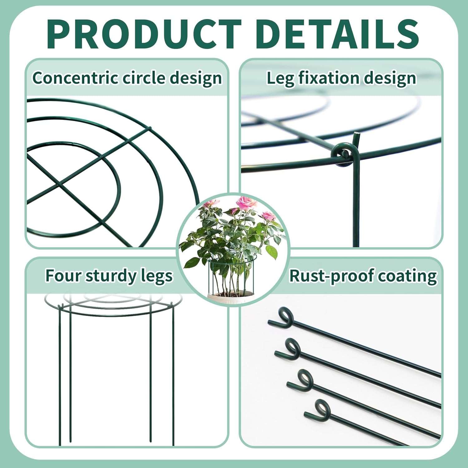 8 Sets Peony Support Cage,Heavy Duty Metal Plant Support Rings with 3.5mm Thickened Legs,10"Dia.x16"High Grow Through