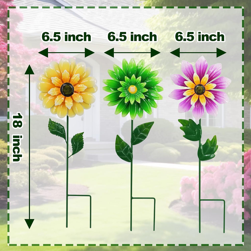 3 Pack Metal Flower Wind Spinner 18in Garden Stake Kinetic Yard Art | Retro Floral Design、Weather Resistant、Spring