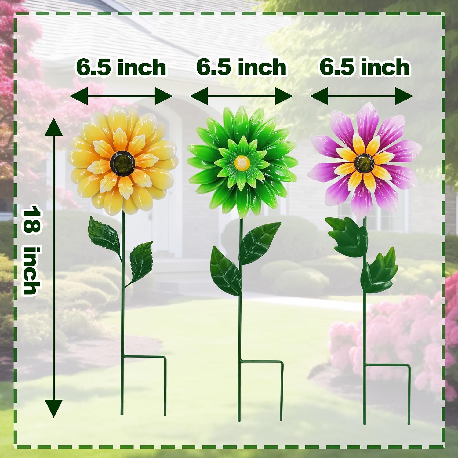 3 Pack Metal Flower Wind Spinner 18in Garden Stake Kinetic Yard Art | Retro Floral Design、Weather Resistant、Spring