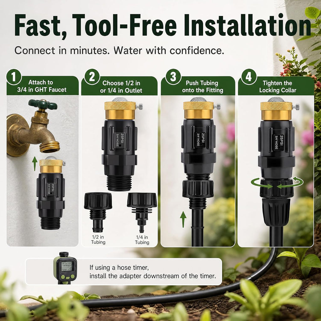 Drip Irrigation Faucet Adapter, 25 PSI, 1/2 and 1/4 in, 2-Pack | Two preassembled 3/4 in GHT units with 150 mesh