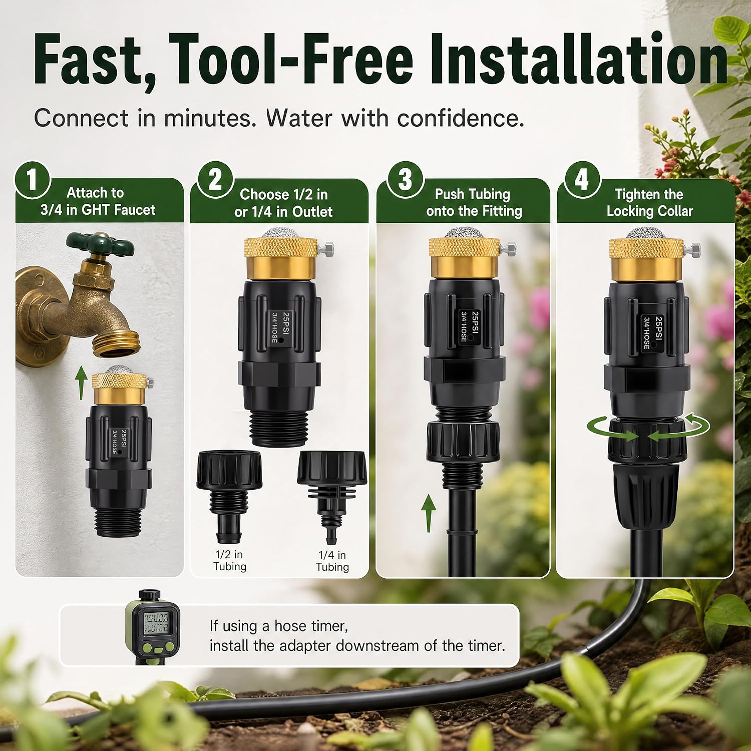 Drip Irrigation Faucet Adapter, 25 PSI, 1/2 and 1/4 in, 2-Pack | Two preassembled 3/4 in GHT units with 150 mesh