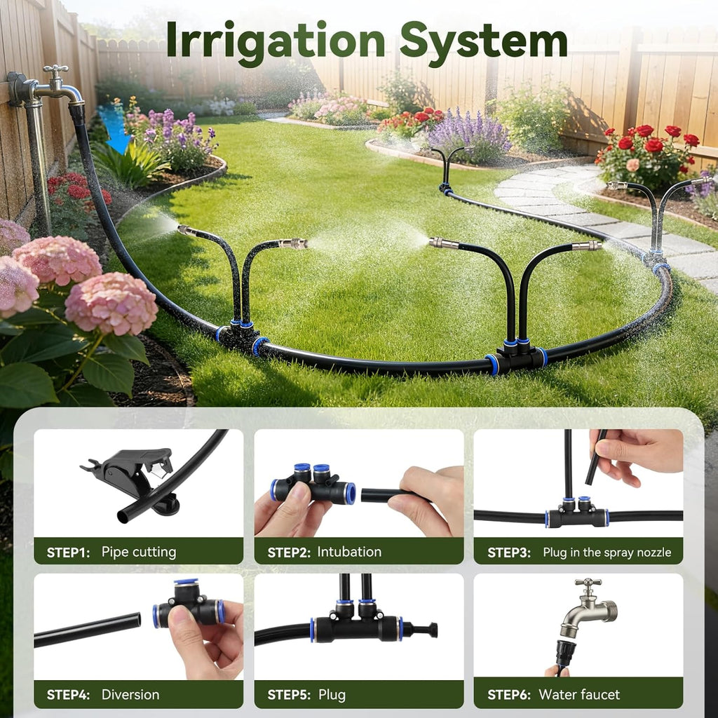 100-FT1/2-inch Tubing High-Flow Adjustable Irrigation System for the Garden | with 60 Nozzles, Dual-Side Watering Kit