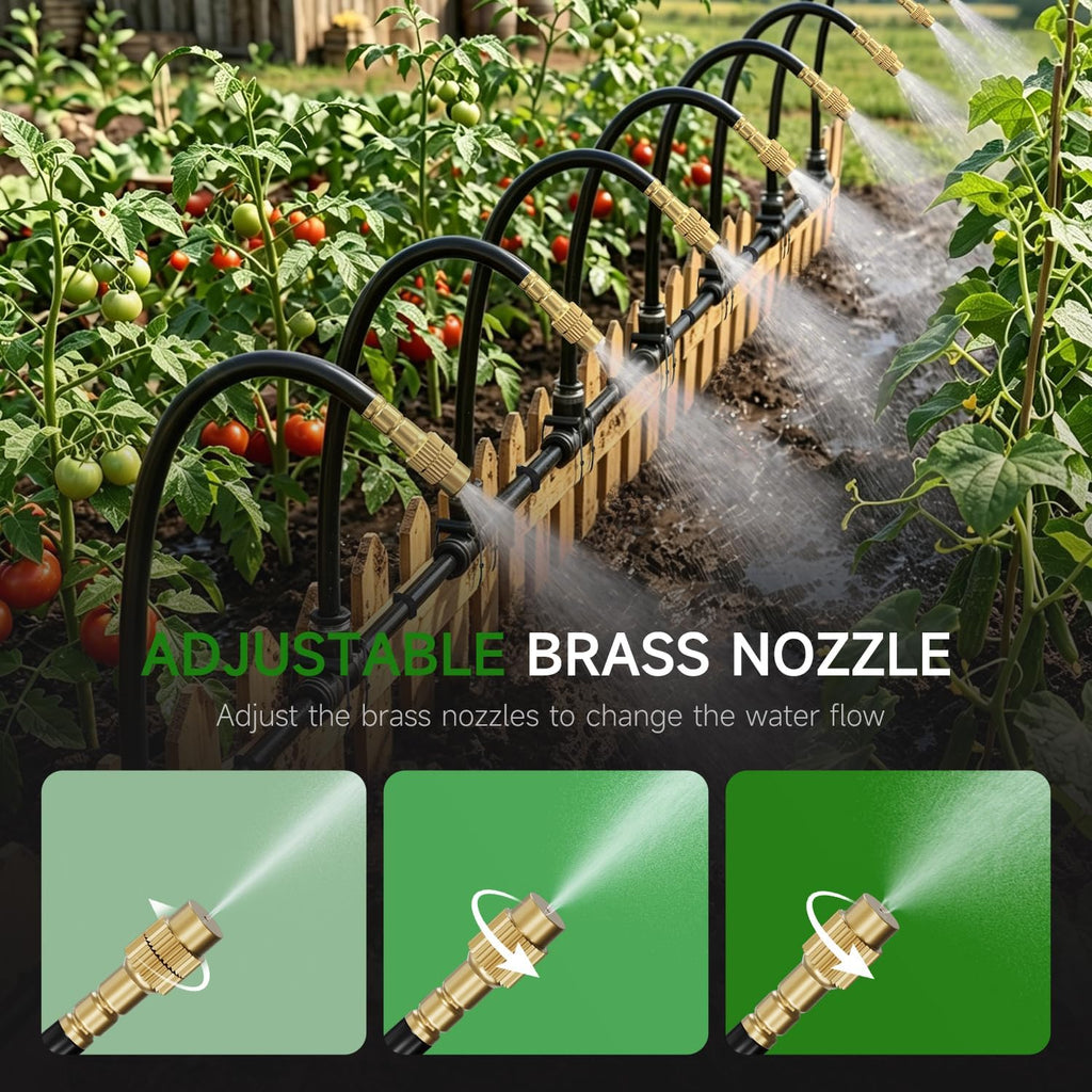 200FT 1/4" Drip Irrigation System, Garden Watering System Kit | with 32 Adjustable Copper Misting Nozzles fit for