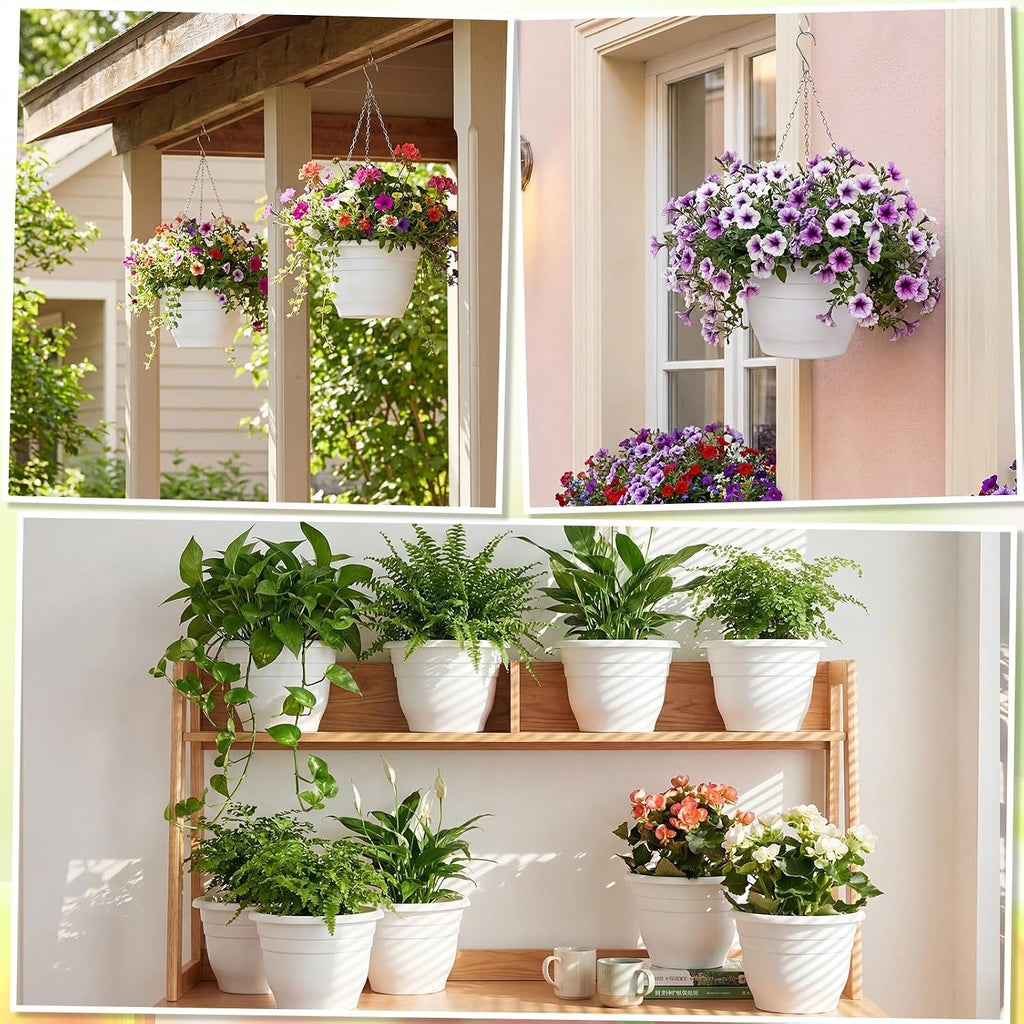10 Pack 11 Inch Plastic Hanging Planter Bulk White Hanging Baskets for Plants with Drainage Trays Self Watering Plant