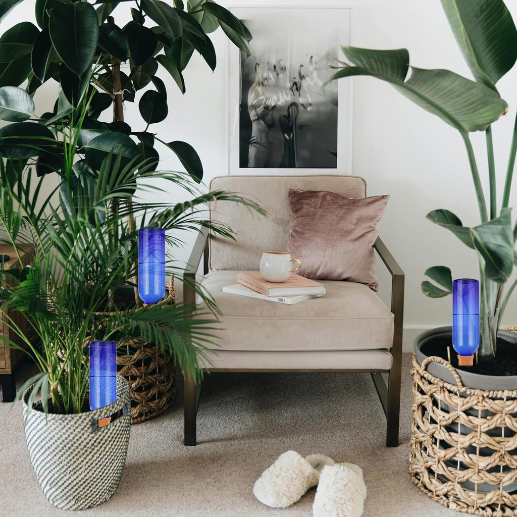 TINSKY 6 Sets Plant Watering Devices Terracotta Self Watering Spikes and 26 Oz Plastic Blue Bottles Slow Release