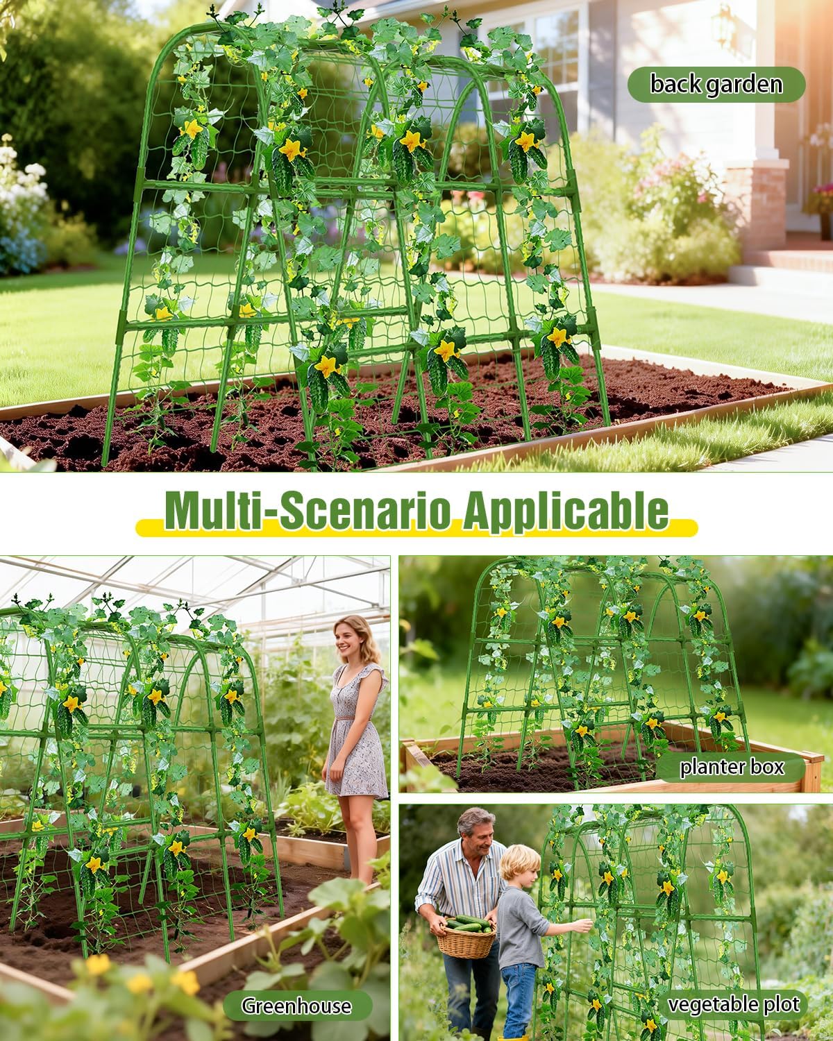 51x35x48in U-Shape Metal Arch Cucumber Trellis for Raised Bed with Net | Sturdy garden trellis, Climbing plant support