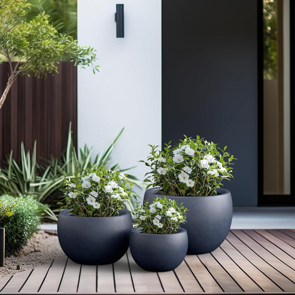 Kante Set of 3 Charcoal Concrete Bowl Planters 20" 15.7" 11.8" Dia | Drainage for Outdoor, Rubber Plug for Indoor Home