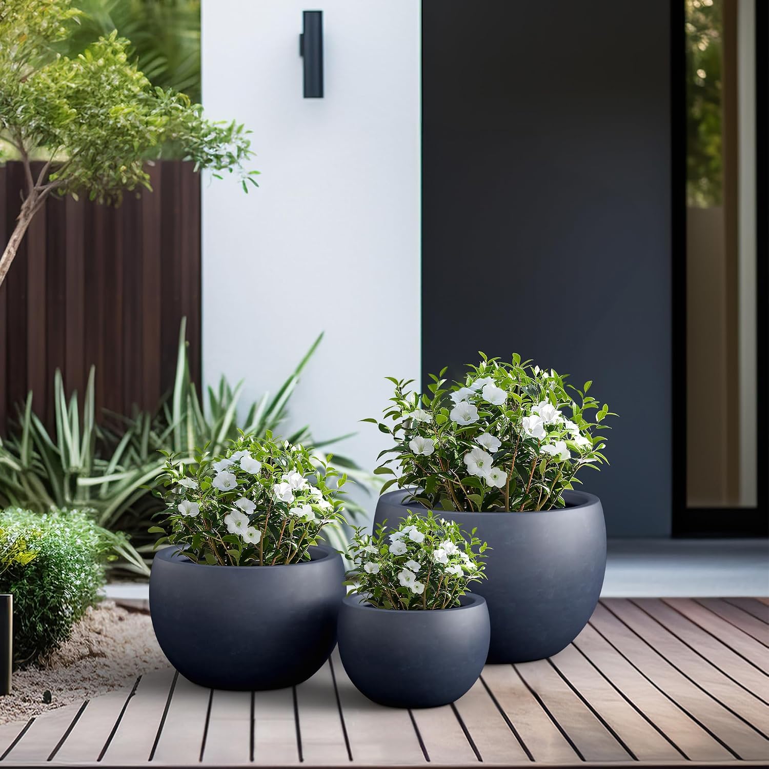 Kante Set of 3 Charcoal Concrete Bowl Planters 20" 15.7" 11.8" Dia | Drainage for Outdoor, Rubber Plug for Indoor Home