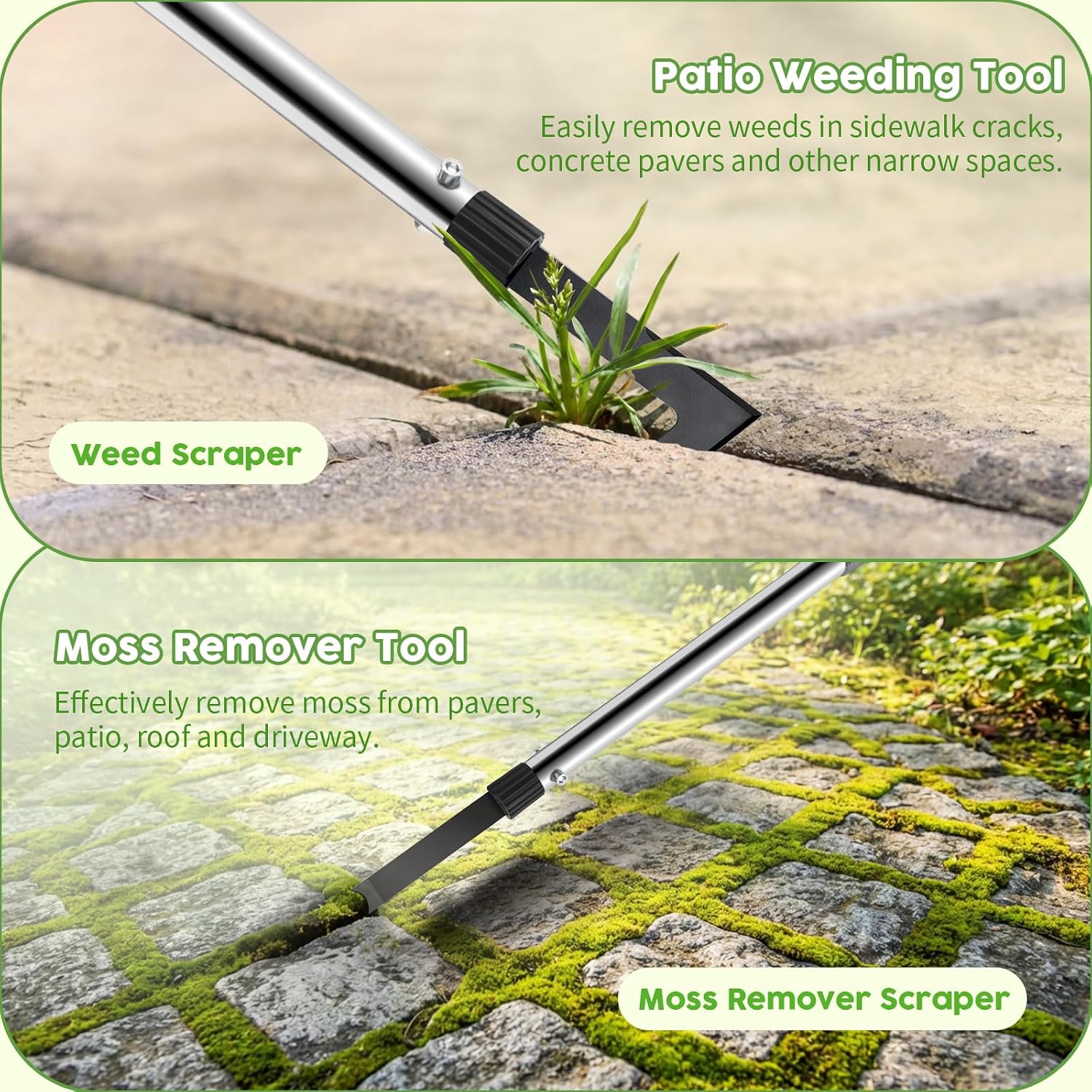 PIMEKOY Crack Weeder Tool Set, 3 Different Weed Remover Tool Head for Paver | 60" Long Handle Weed Scraper Tool, Moss