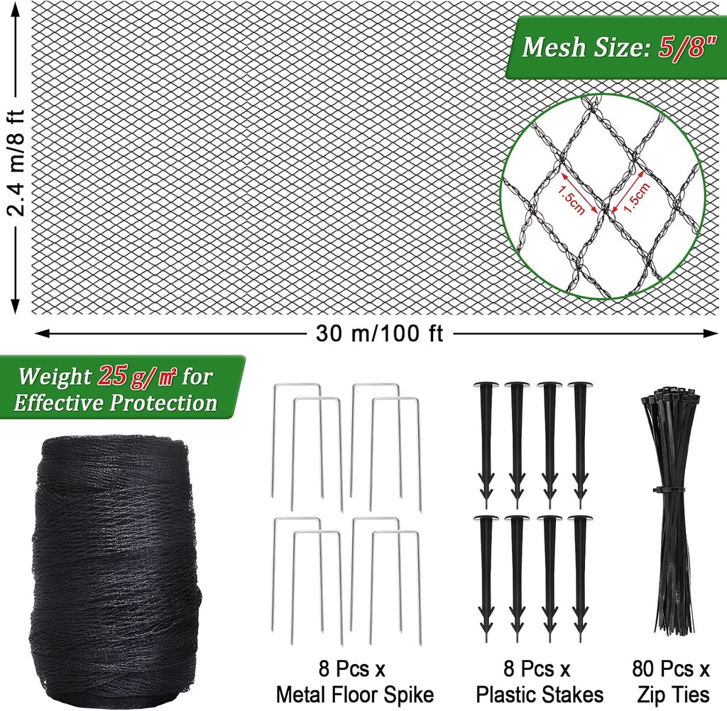 8 X 100 Ft Garden Netting, 5/8in Mesh Heavy Duty Bird Netting for Vegetable, Fruit Trees, Blueberry Bush Protection