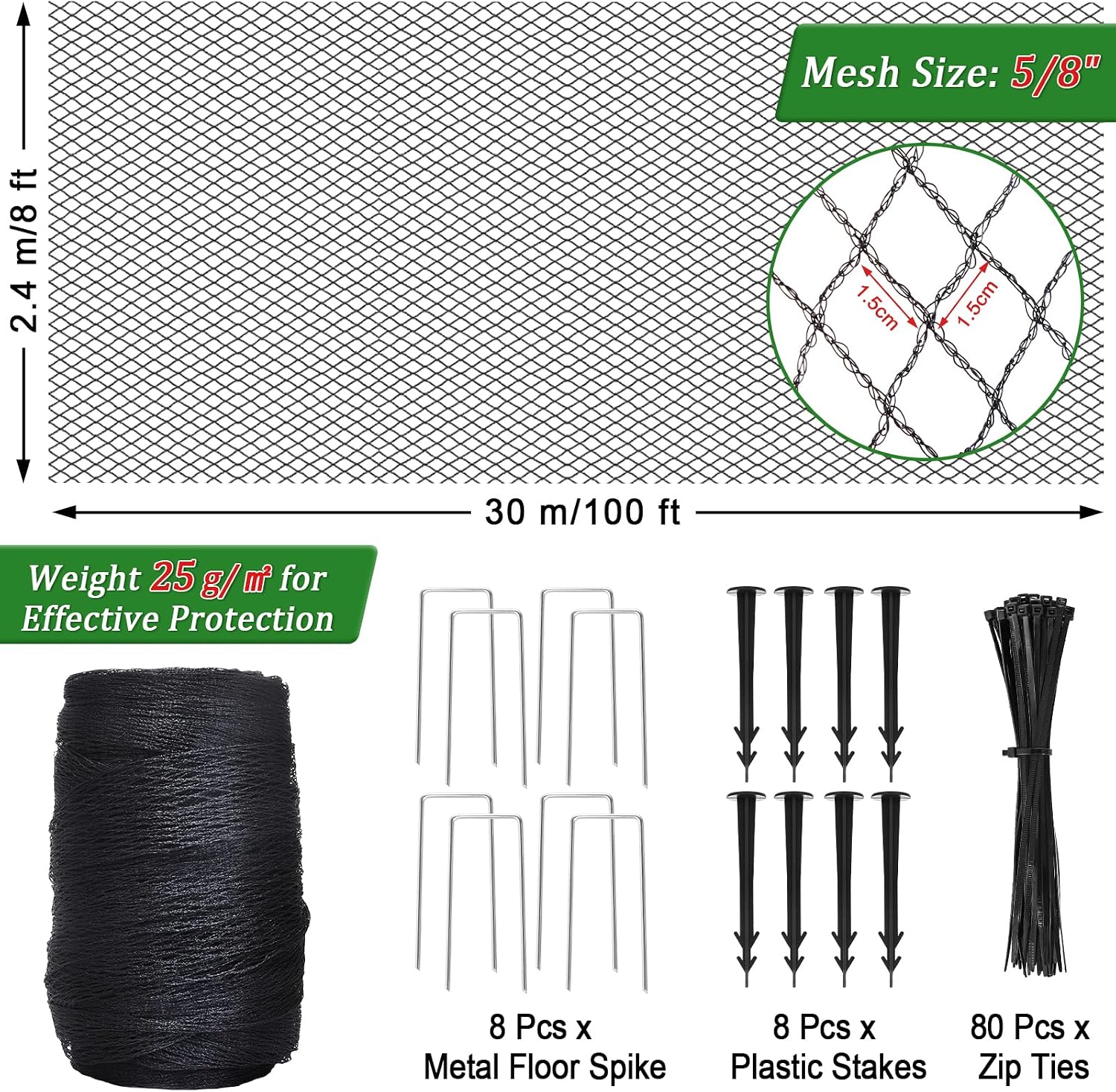 8 X 100 Ft Garden Netting, 5/8in Mesh Heavy Duty Bird Netting for Vegetable, Fruit Trees, Blueberry Bush Protection