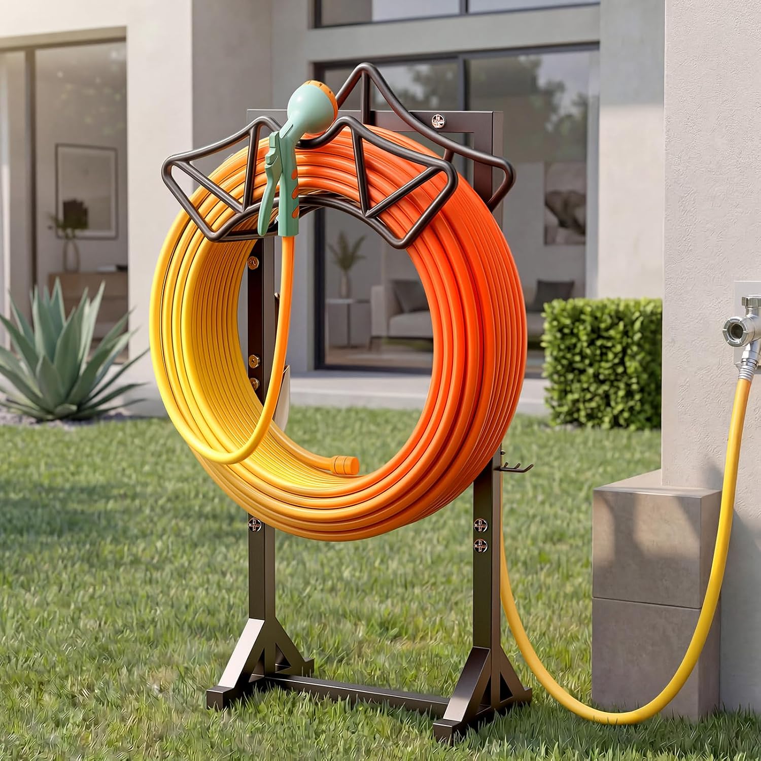 Garden Hose Holder with 2 Tool Hooks Heavy-Duty Water Hose Reel Rustproof | Freestanding Hose Reel Metal Stand Rack