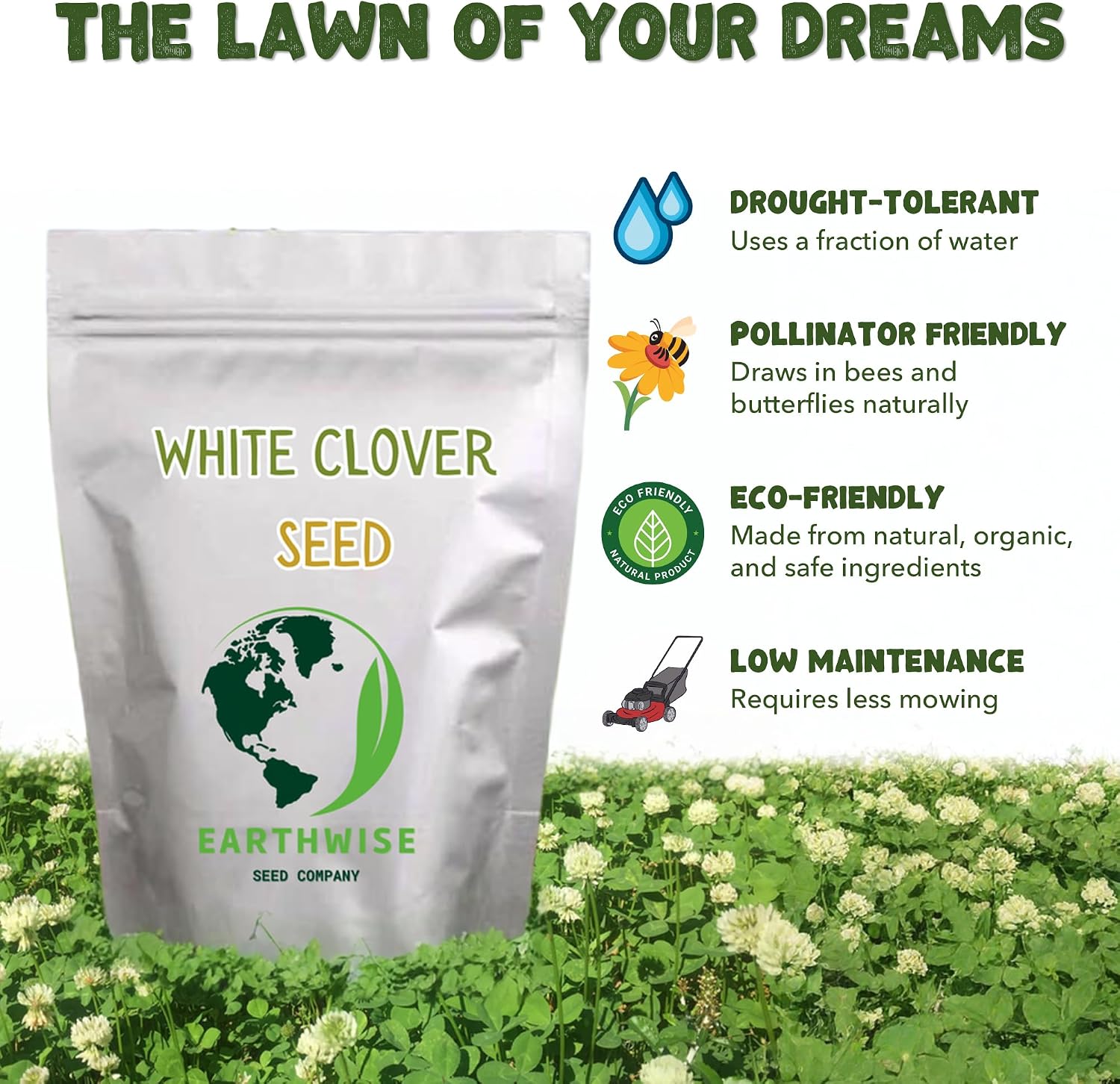Earthwise White Dutch Clover Alternative Lawn Seed - 5 lb, 10,000 sq ft | Non-GMO Seed, No Pesticides, Nitrogen Fixing