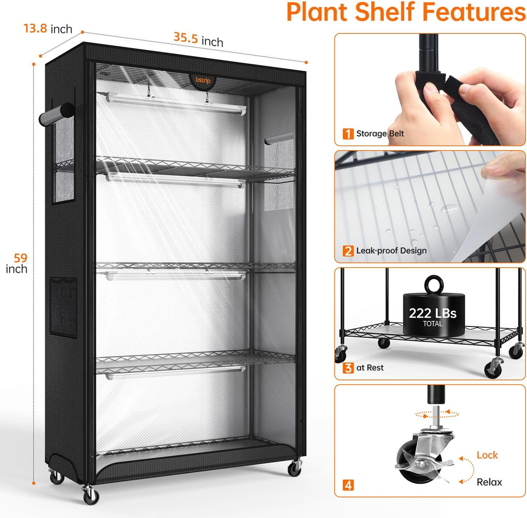 Indoor Greenhouse with Grow Light Oxford Cover, 35.4x13.8x59in | 4-Tier Indoor Greenhouse Cabinet, Base Tray, 4-Pack