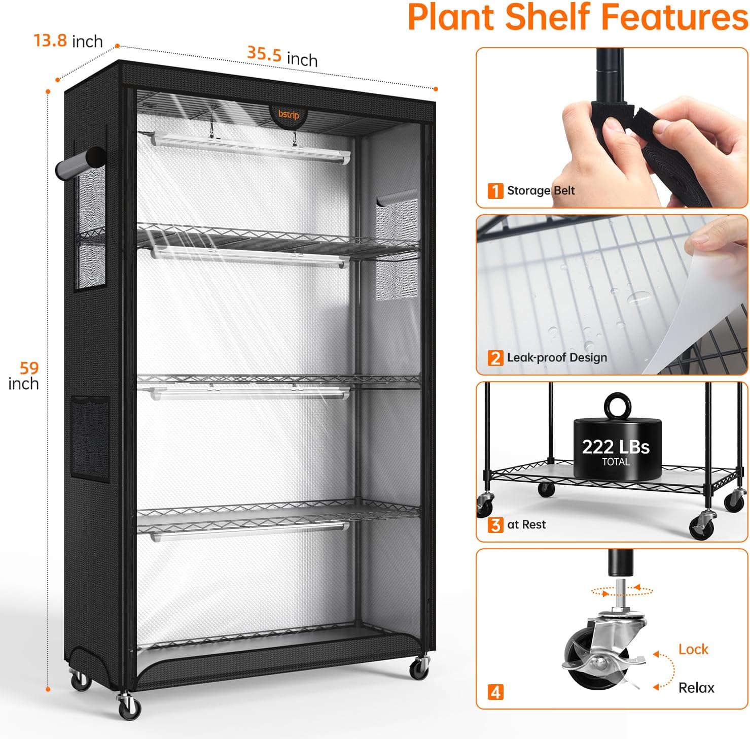 Indoor Greenhouse with Grow Light Oxford Cover, 35.4x13.8x59in | 4-Tier Indoor Greenhouse Cabinet, Base Tray, 4-Pack