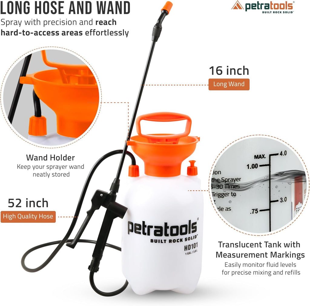 Petratools 1 Gallon Pump Sprayer – HD101 Garden Sprayer for Weeds, Lawn Care & Pesticides – 52” Long Hose, 2 Nozzles &