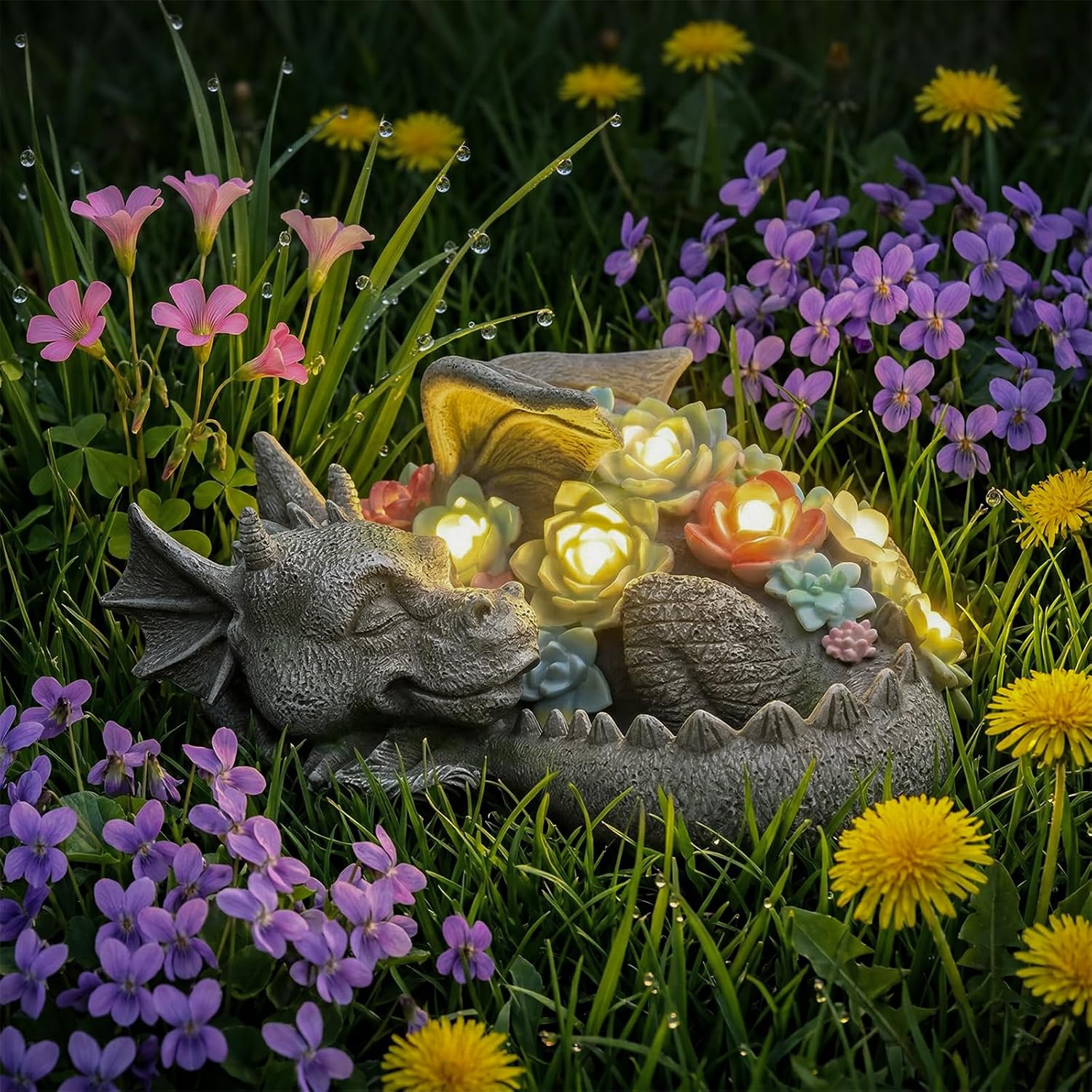 Solar Dragon Garden Statue, Sleeping Dragon with Solar Light Succulent | Coiled Dragon Figurine Solar Light, Waterproof