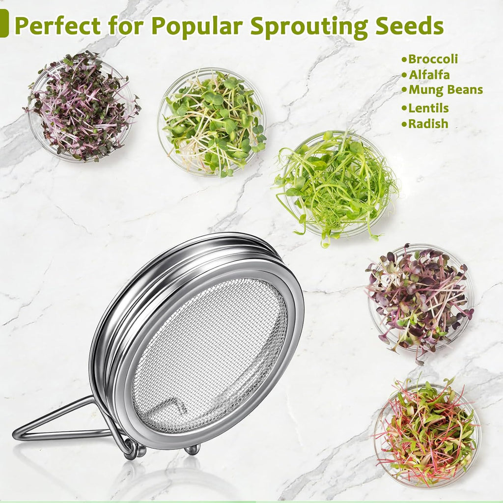 Sprouting Jar Kit, Stainless Steel Sprouting Lids with Stand, 2 Pcs | Sprouting Kit with Glass Mason Jars &