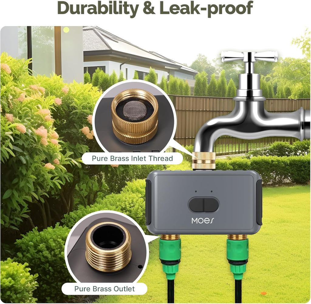 MOES WiFi Sprinkler Timer 2 Zone with BLE Hub, Brass Inlet & Outlet, Grey | Programmable Smart Watering System for