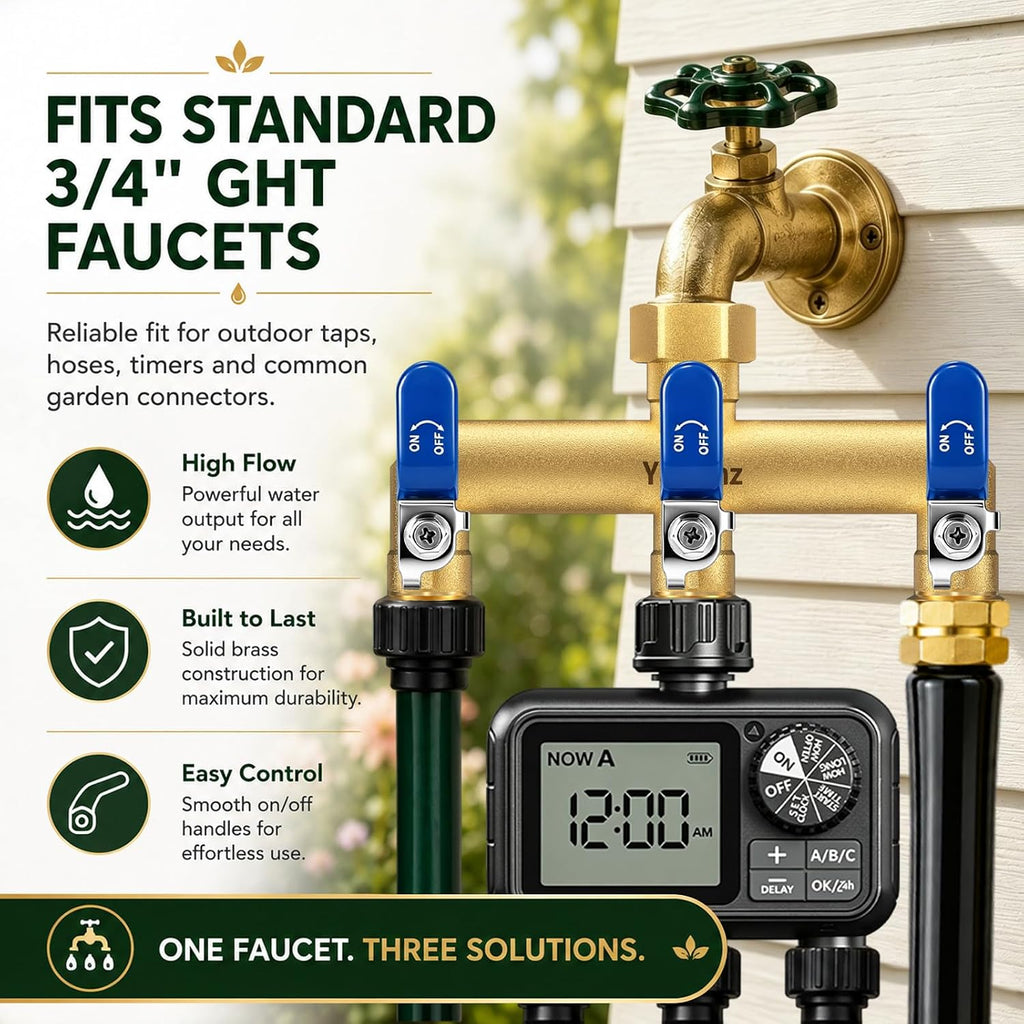 3 Way Garden Hose Splitter, 3/4" GHT Brass Hose Splitter | Wide Spacing Fits Large Timers, 90° Downward Outlets, 3/4"