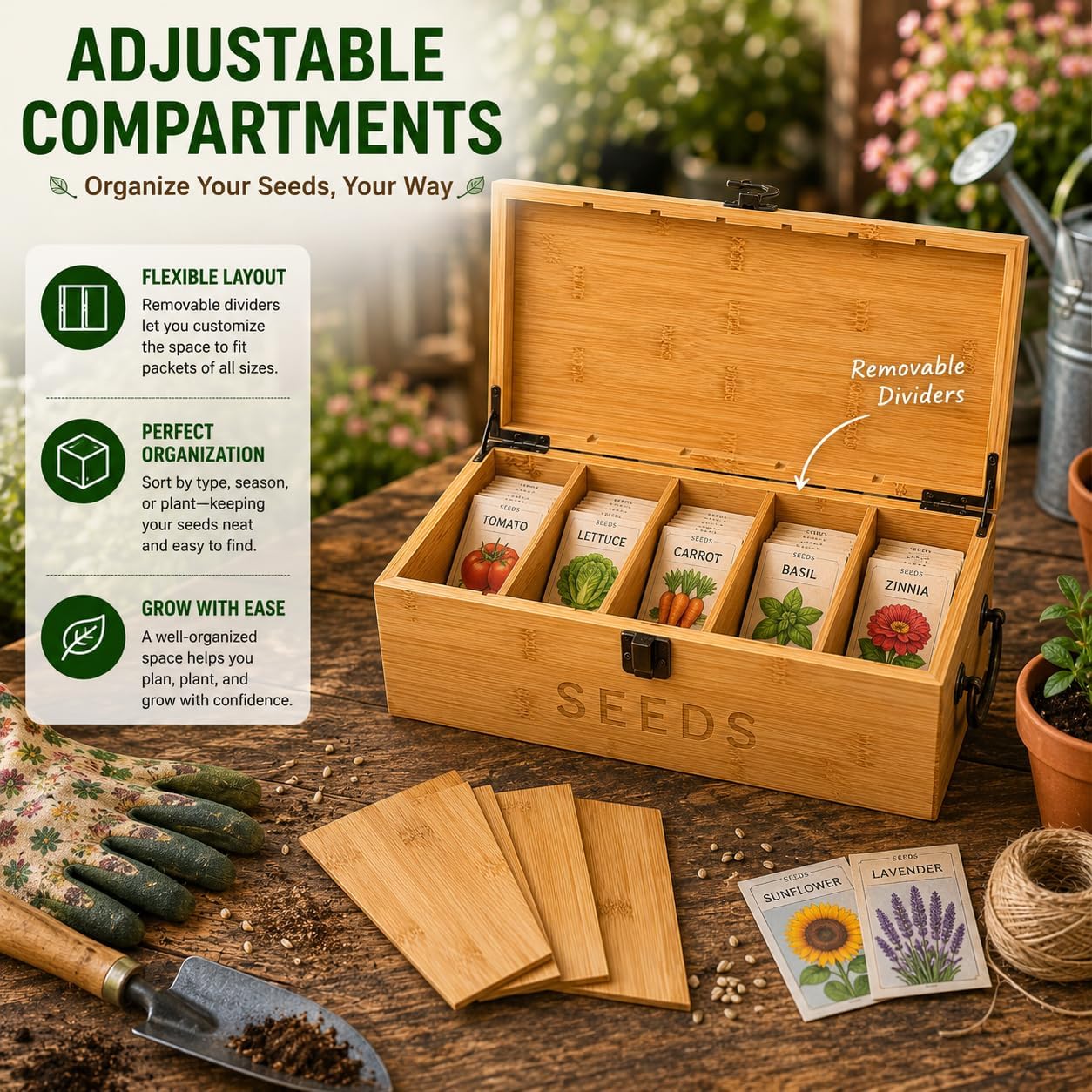 Bamboo Garden Seed Storage Organizer Box, Wooden Seed Box with Removable Dividers, Metal Handle and Latch, Seed Keeper