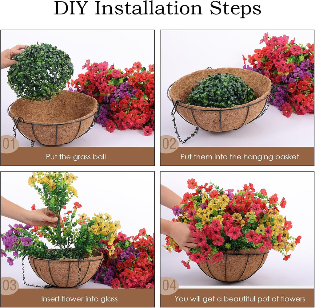 Hananona 2 Set Artificial Outdoor Flowers with Hanging Basket, 2 Hanging Planters with 24 Pcs Flowers for Spring Summer