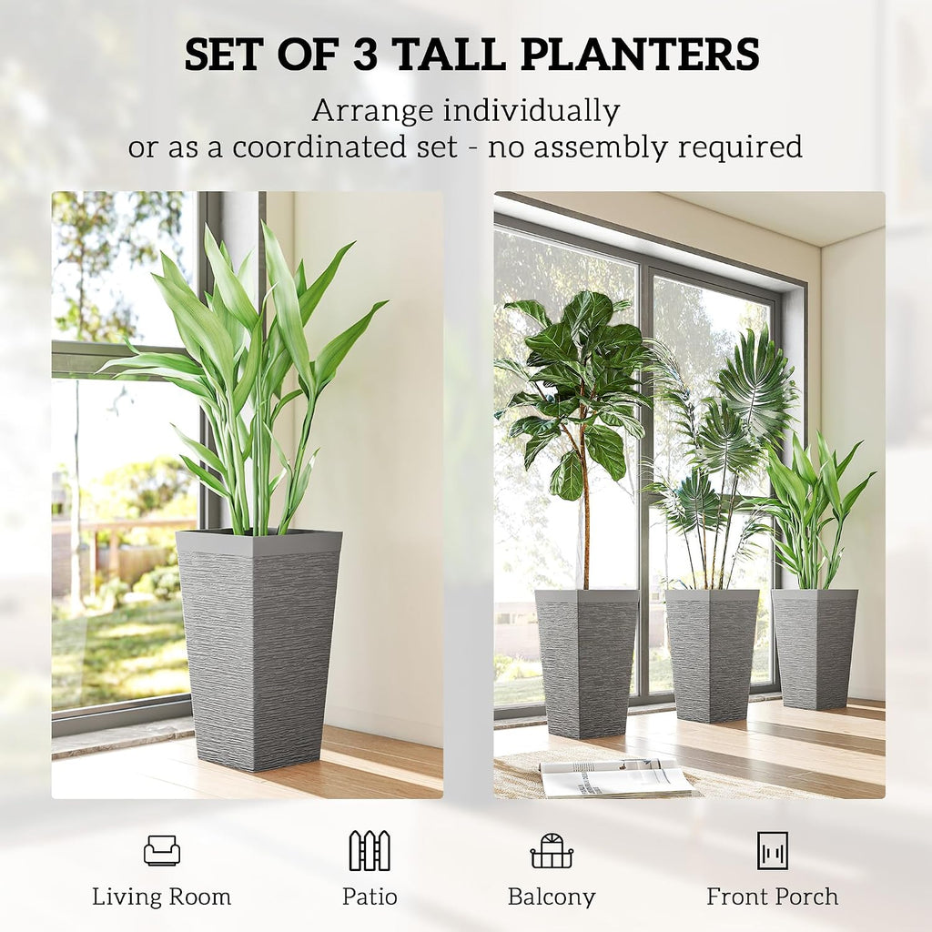 Outsunny 22.8 Inch Tall Planters for Outdoor Plants Set of 3, Gray | Wheels, Plastic Flower Pots, Stone Finish