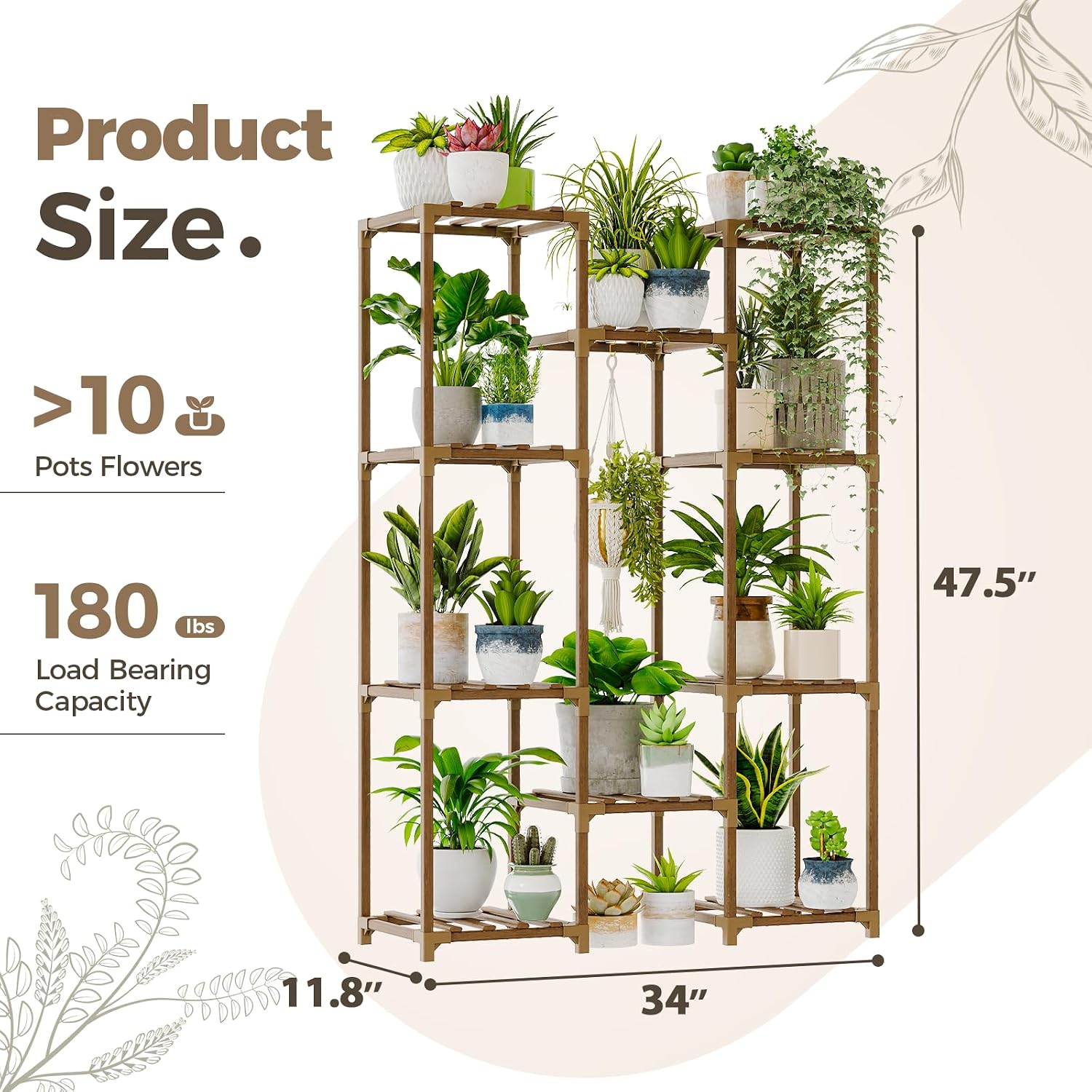 Bamworld Plant Stand Indoor Outdoor Tall Plant Shelf for Multiple Plants Pots Wood Flower Stand Large Flower Holder for