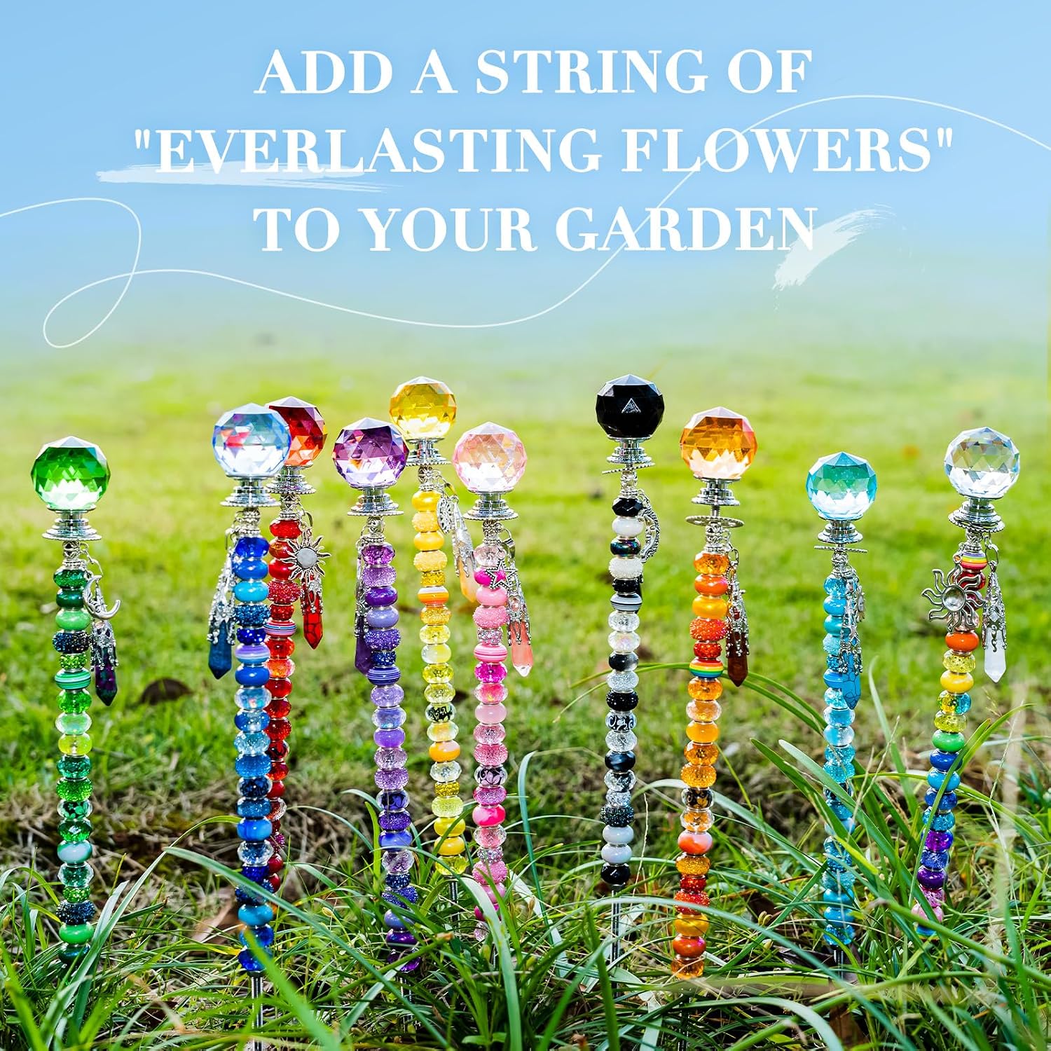 260Pcs DIY Beaded Garden Stakes, Fairy Wand 10-Pack Decorative Kit | Healing Crystal Pendant, 12in Threaded Rods