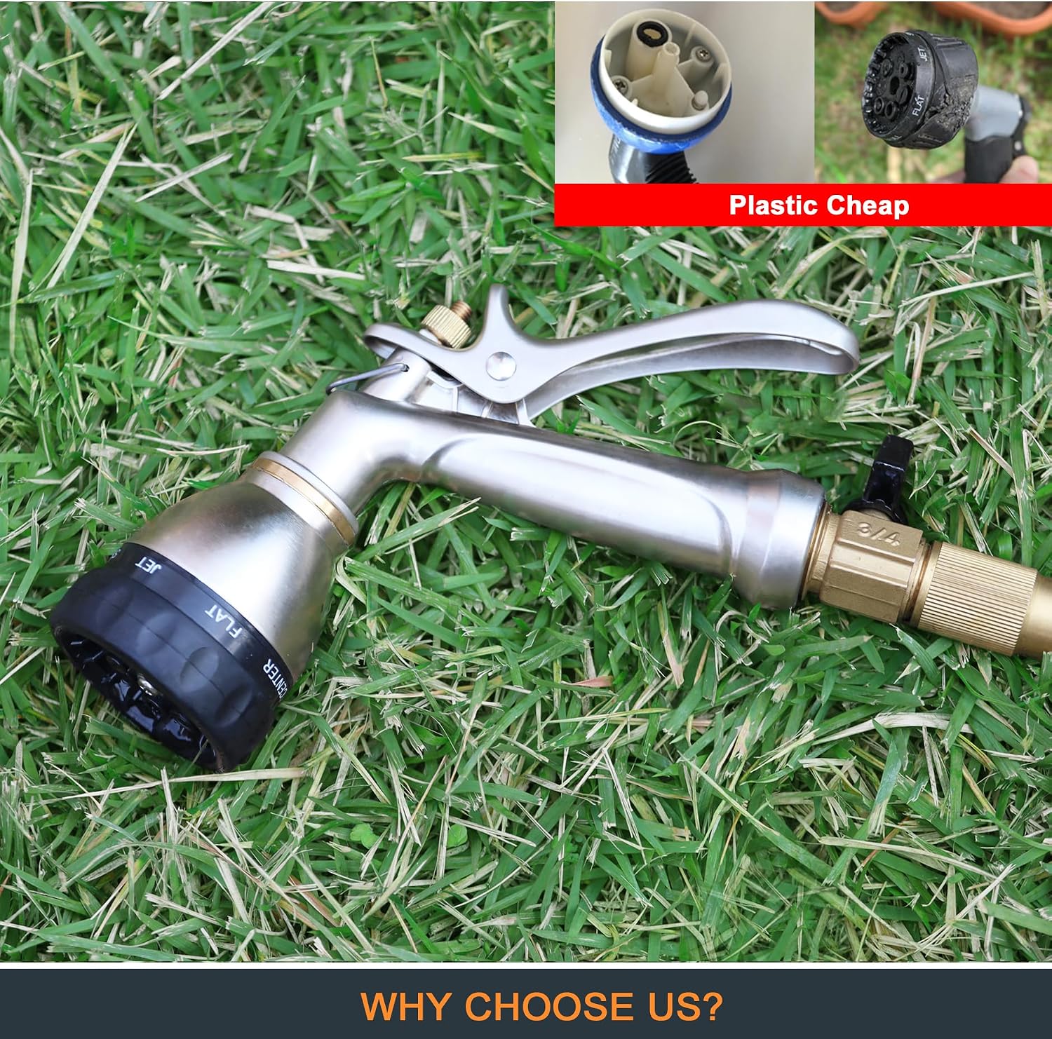 Heavy Duty Metal Garden Hose Nozzle, 7 Patterns, Rear Trigger | High pressure metal sprayer for garden, car wash, pet