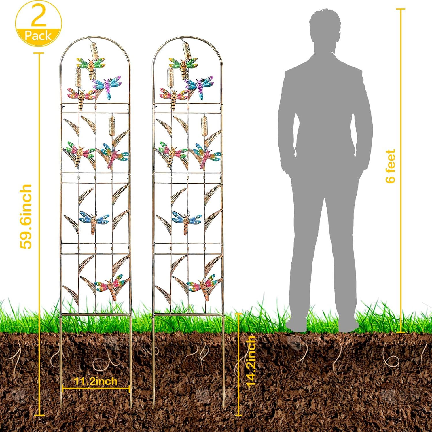 aboxoo 2-Pack Dragonfly Metal Garden Trellis, 60" Decorative Outdoor Fence | For climbing