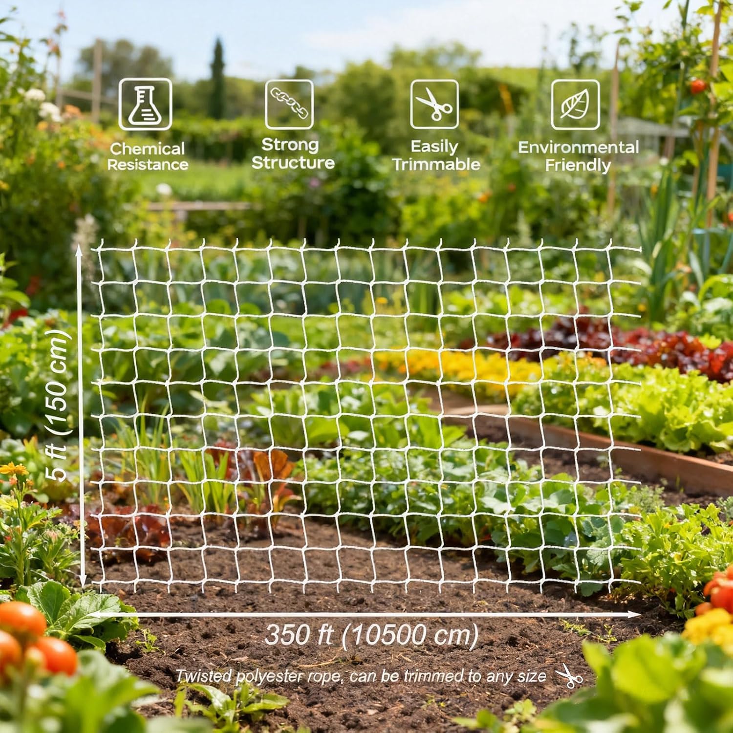 Trellis Netting 5 x 350 ft, Heavy Duty Reinforced Polyester, 6x6 inch Mesh, Soft Garden Netting for Climbing Plants