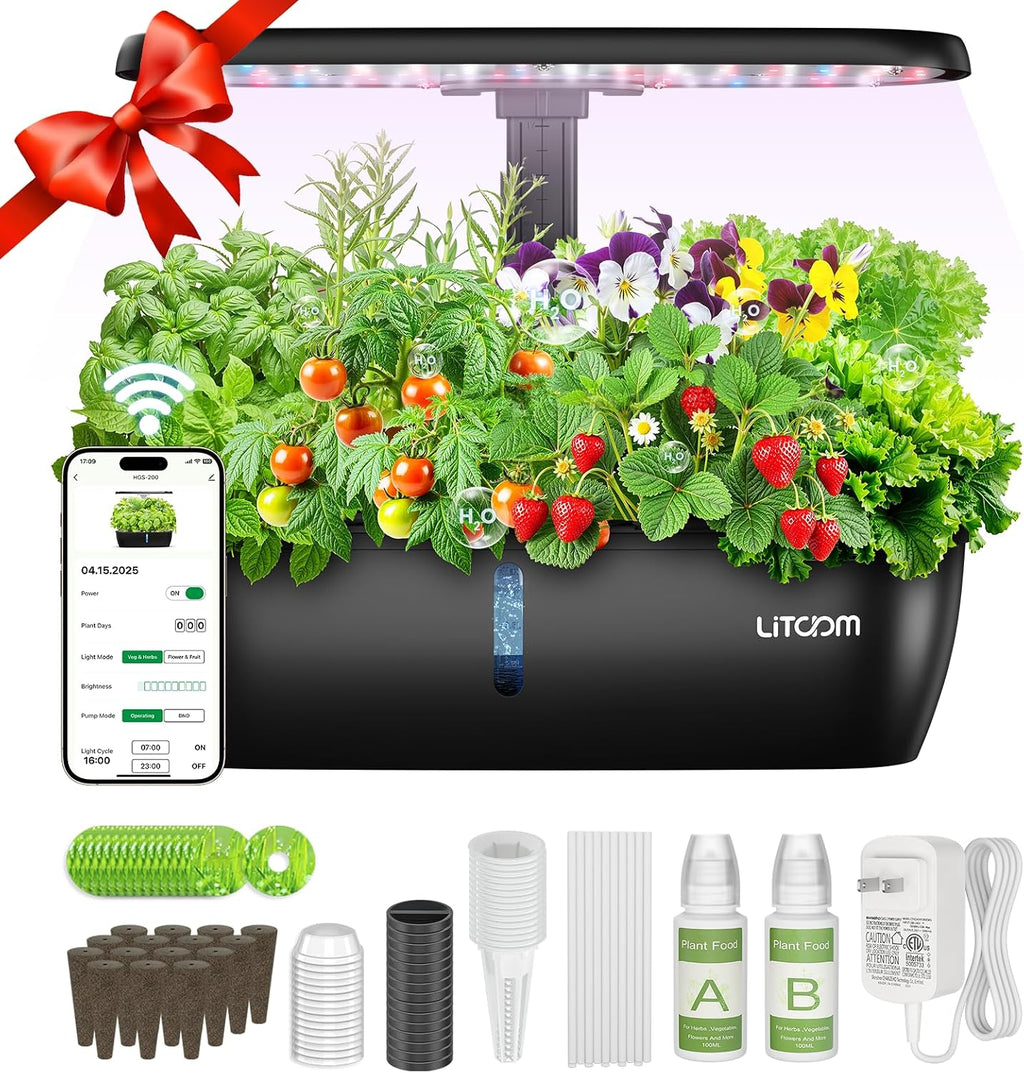 litokam Hydroponics Growing System Kit, 15-Pod Indoor Herb Garden Planter with 24W Grow Light & APP Control, Indoor
