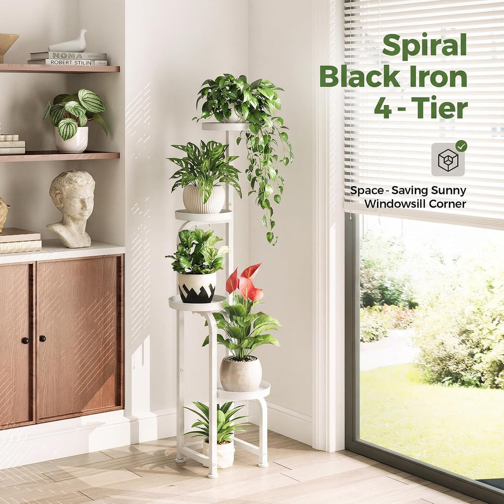 Bamworld Corner Plant Stand Indoor Outdoor Tall Metal Flower Pot Stands | 4 Tier White Heavy Duty Plant Shelf for