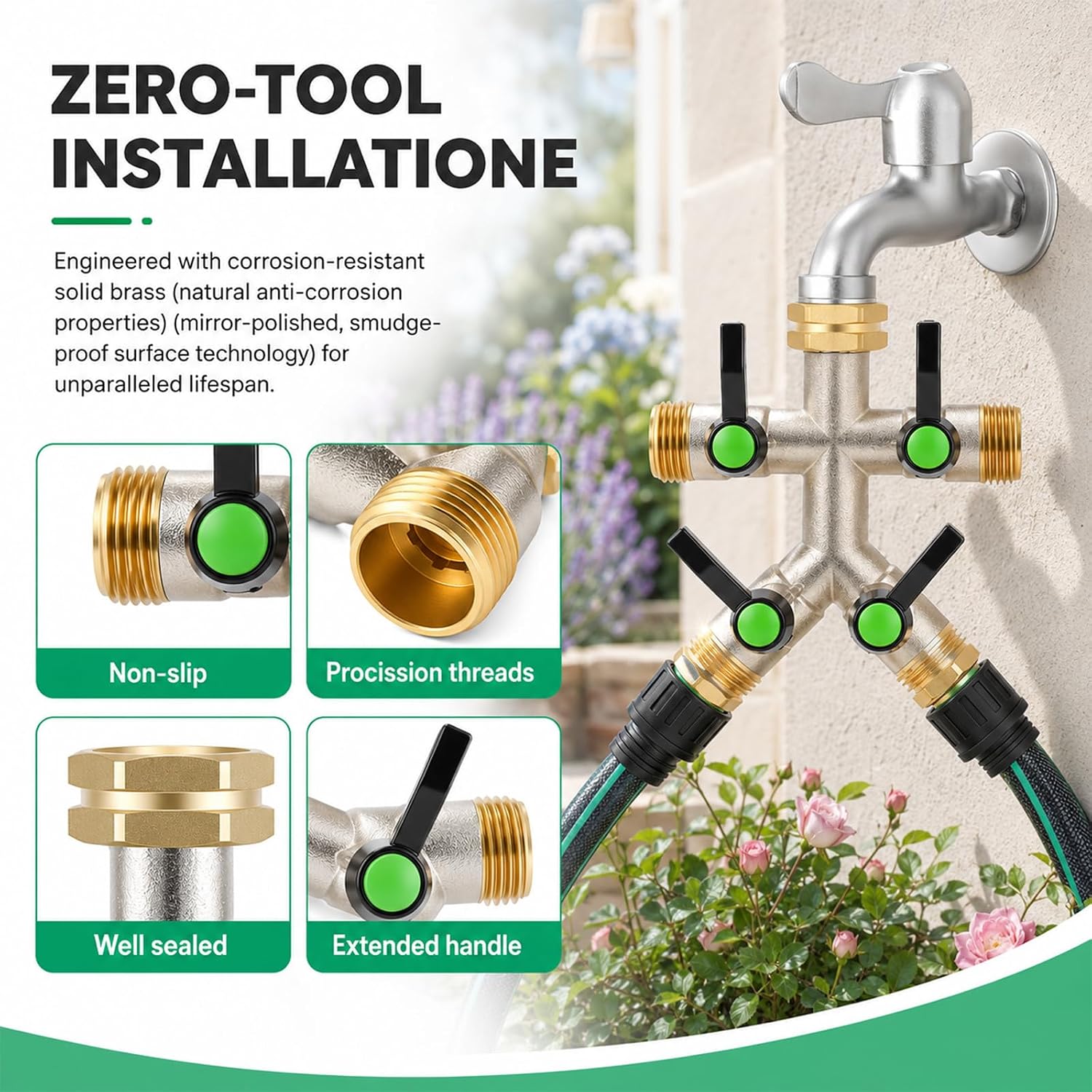 4 Way Hose Splitter, Heavy Duty Brass Garden Hose Connector, 3/4" GHT Water Spigot Splitter with 4 Shutoff Valves, High