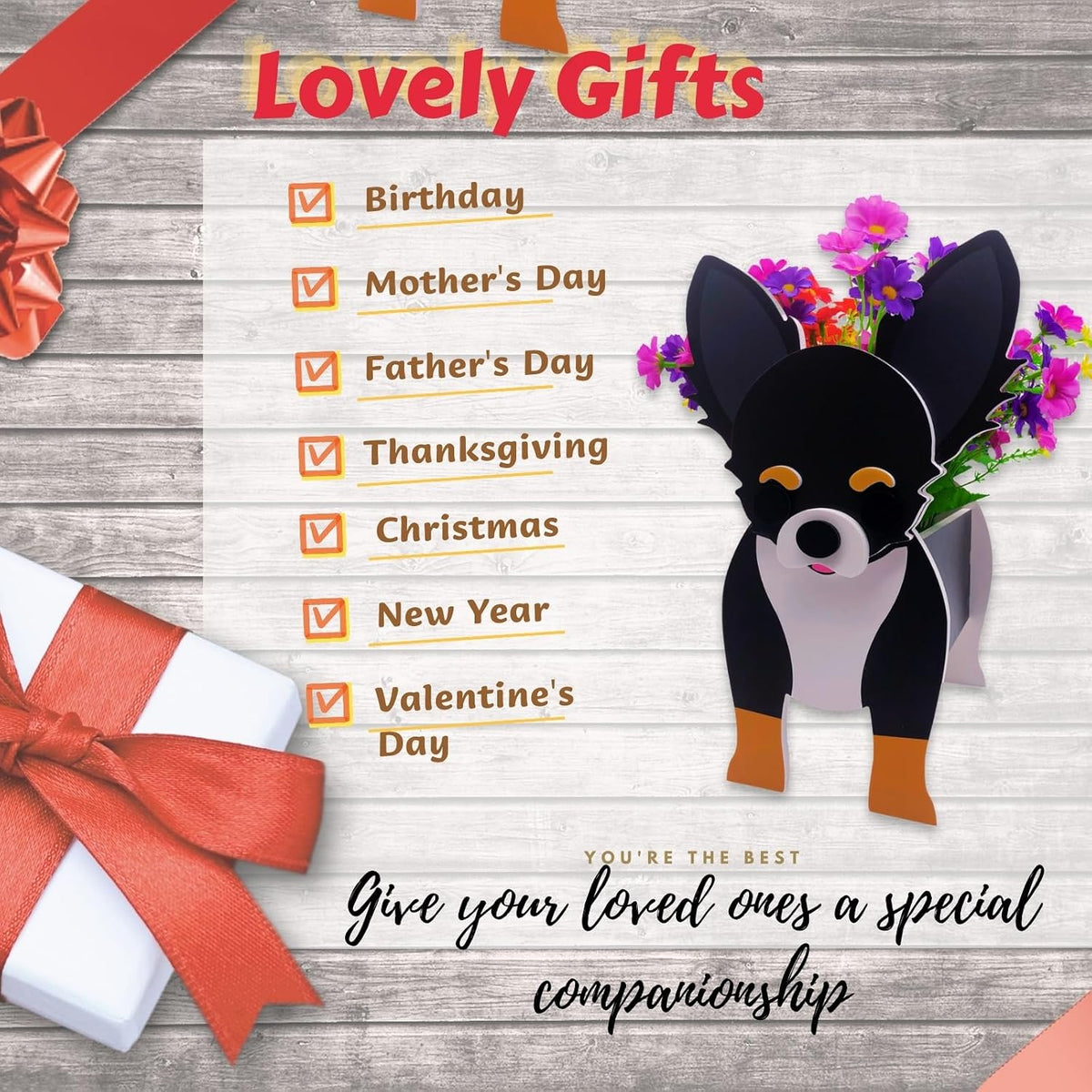 Black and White Chihuahua Dog Planter, Animal Shaped Flower Pot | Cute Plant Gift for Women and Pet Lovers, Indoor