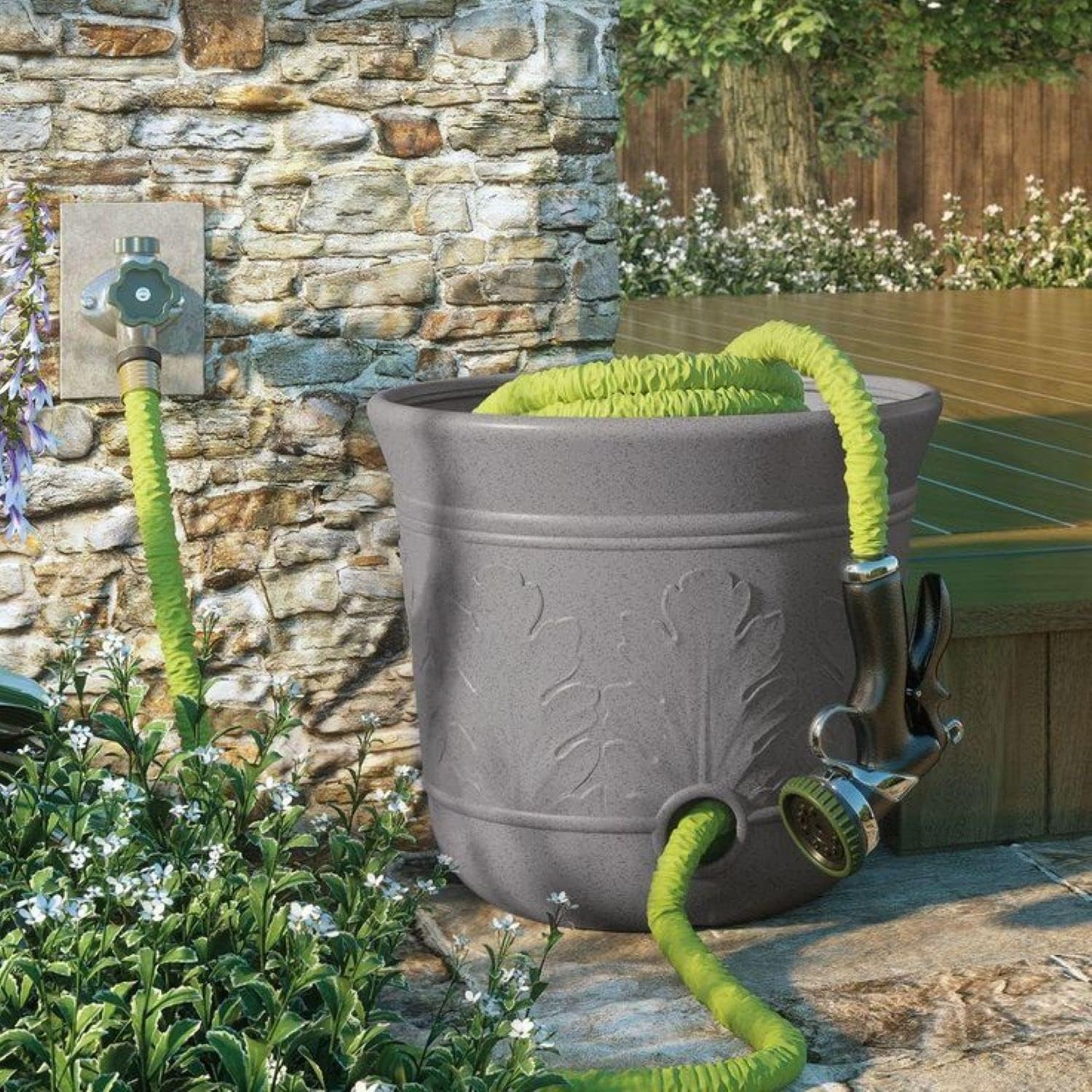 Suncast 300 Foot Heavy Duty 5 Gallon Decorative Plastic Hose Pot for Expandable and Lightweight Hoses, Ideal for