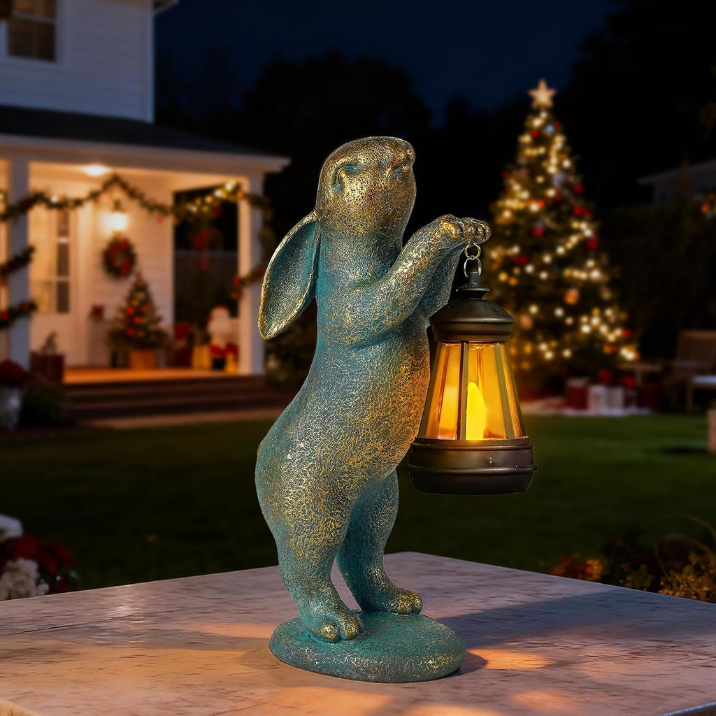 MININOVA Garden Statues Rabbit with Solar Lantern Resin Outdoor Bunny Figurines Decorations for Patio Yard Lawn