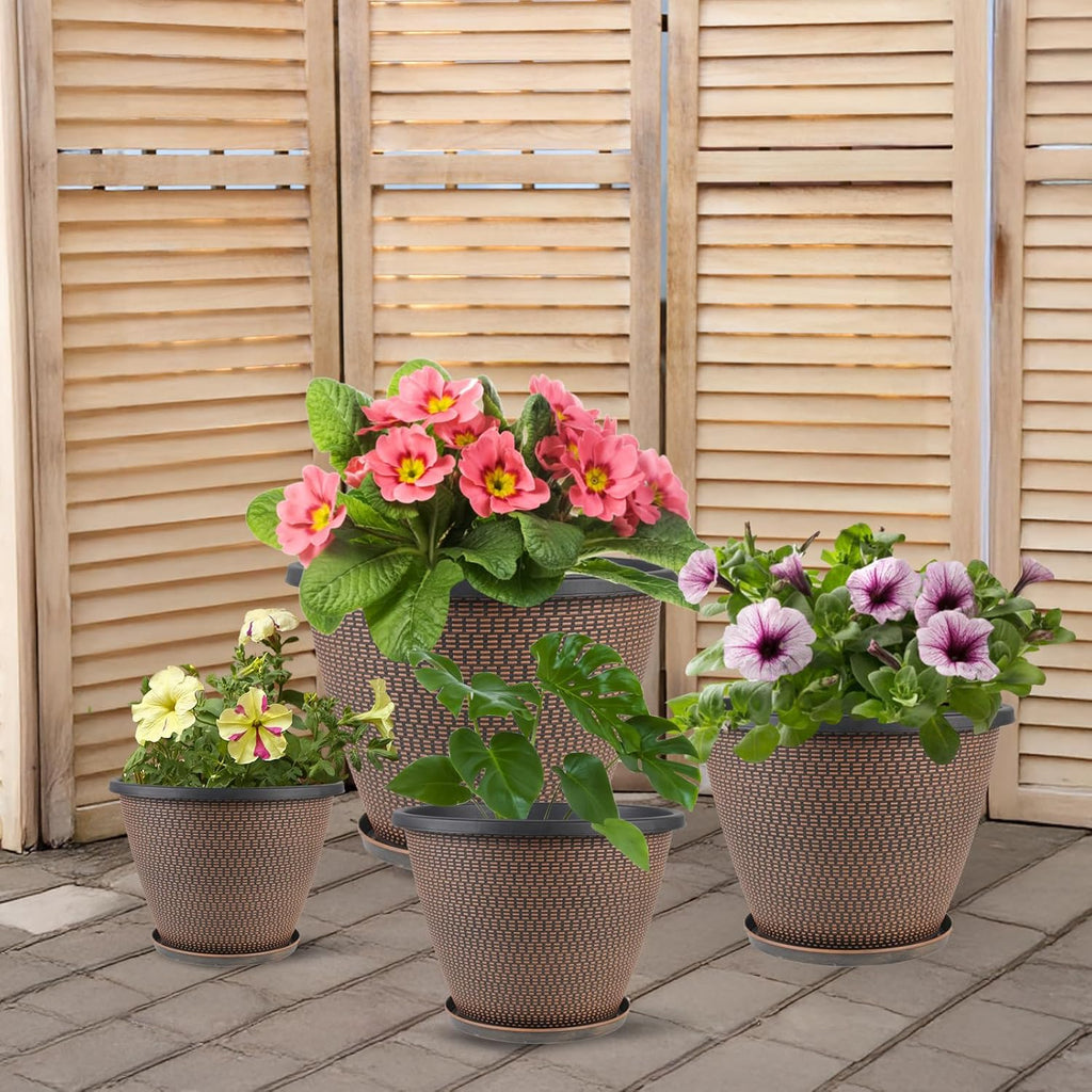 4 Pack 16 inch Plant Pots, Modern Large Planters for Outdoor Plants | Round Plastic Flower Pots with Drainage Holes &