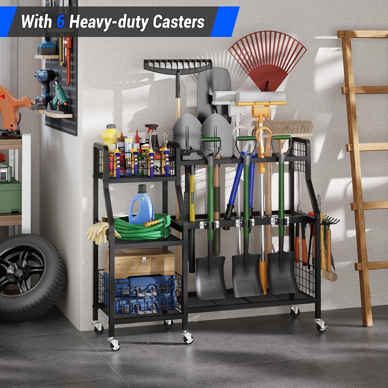 keomaisyto Heavy-Duty Garden Tool Organizer with 6 Wheels and 2 Baskets | 3 Lockable Casters, Large Metal Yard Tool