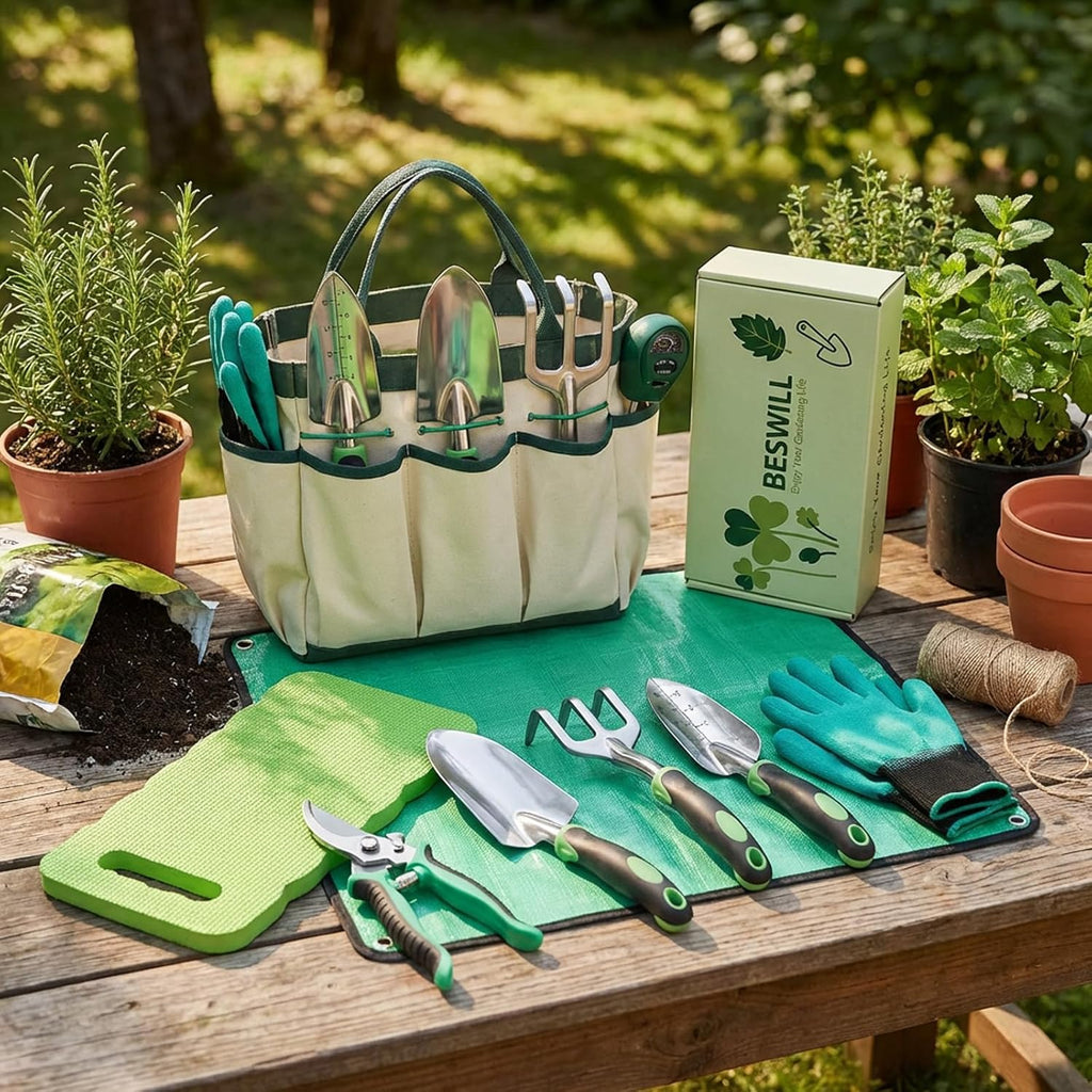 10PCS Heavy-Duty Garden Tools Set for Beginners - Rust-Proof Aluminum Garden Kit with Soil Tester, Repotting Mat &