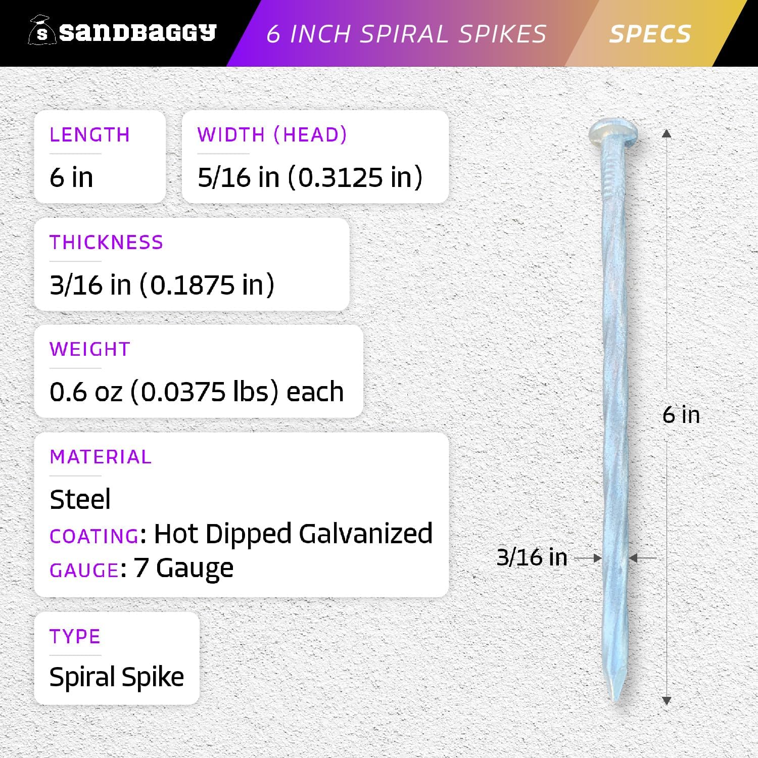 Sandbaggy 6 Inch Galvanized Artificial Turf Stakes - Spiral Landscape Nails - Ground Spikes/Pins for Synthetic Grass