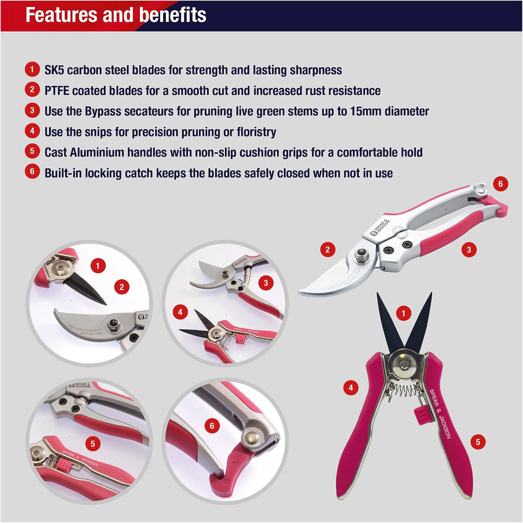 Spear & Jackson Bypass Pruner and Mini Snips Gift Set, Premium Gardening Tools with Carbon Steel Blades for Precision