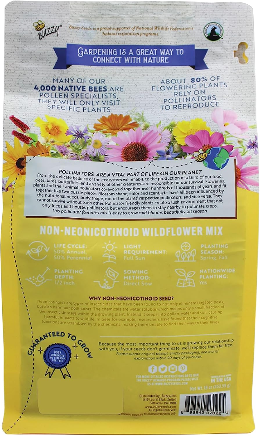 BUZZY Wildflower Pollinator Seed Mix (1lb Bag), 18 Pollinator-Friendly Varieties, Protect The Pollinators & Save The